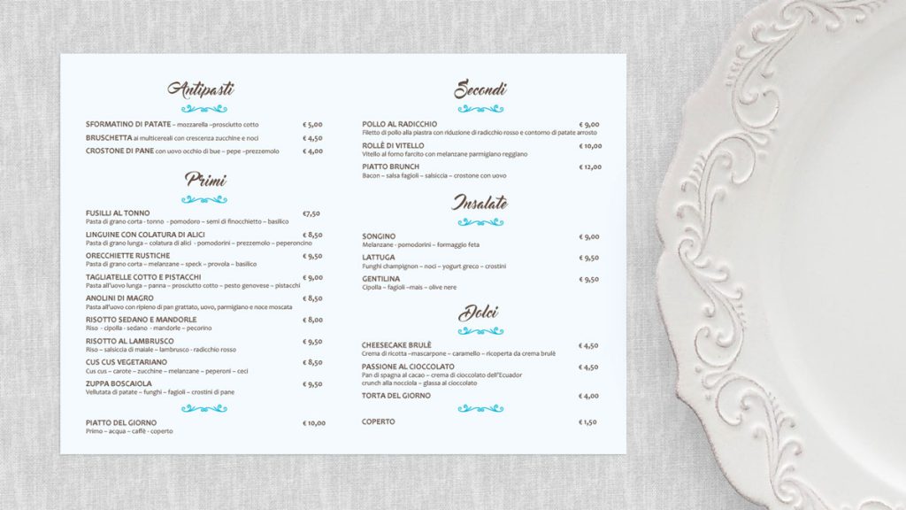 Impostazione grafica menù ristorante
